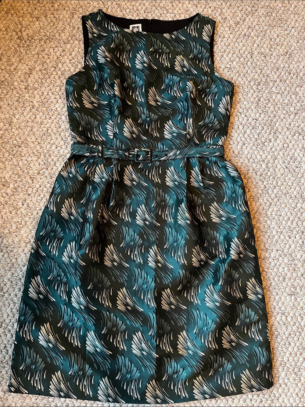 Anne Klein Teal and Black Printed Belted Dress